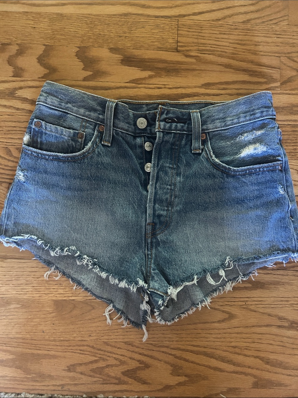 Levi's Distressed High-Rise Raw Hem Jean Shorts - Blue